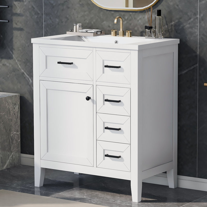 Meuble-lavabo de salle de bain blanc 30 po avec tiroir et tiroirs de rangement 30 po, White