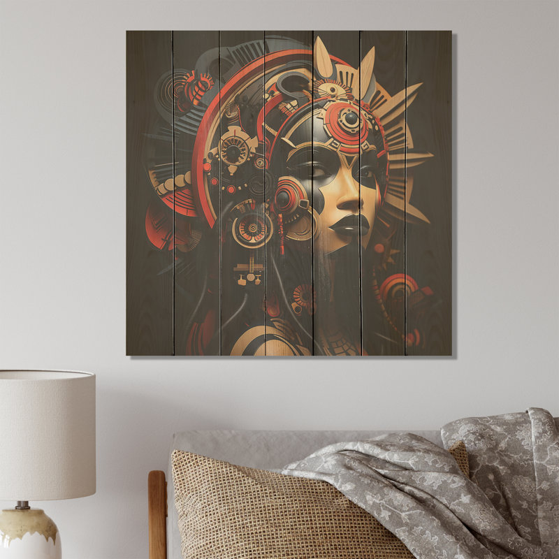 Masque africain doré et rouge - Masque africain sur bois, H 25 po x l 25 po