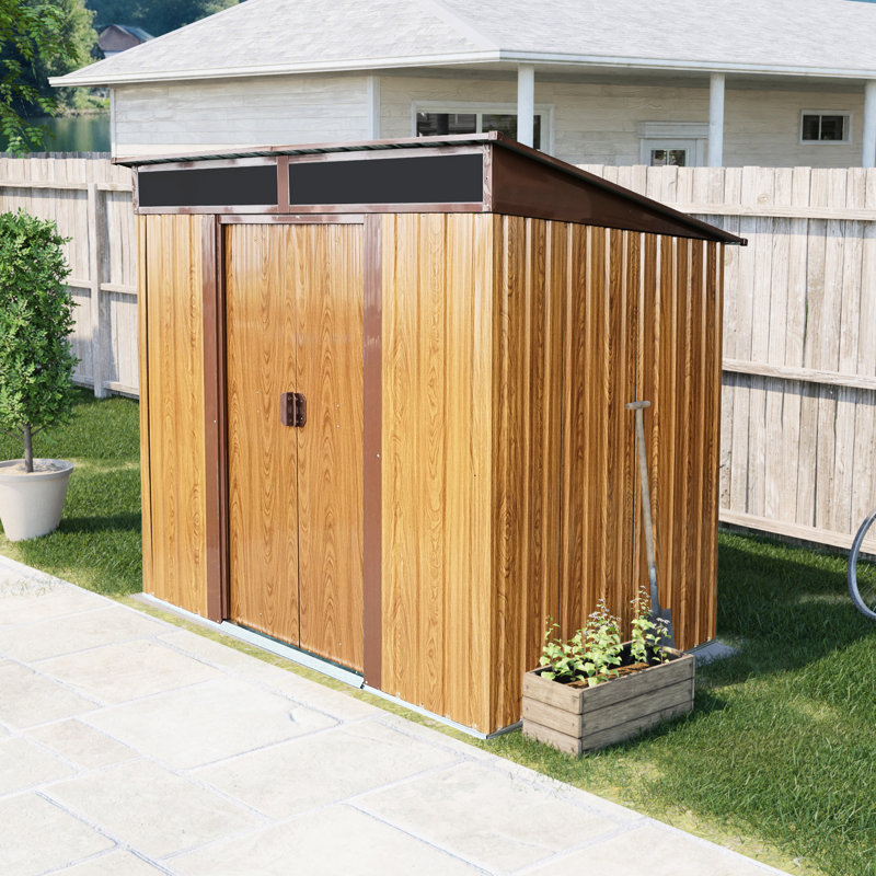 6Ft X 5Ft Outdoor Iron Storage Shed In Coffee, Galvanized Steel & Aluminum, Metal Foundation Bracket, Lockable Sliding Doors, Easy Assembly, Freebies - Strong Build With Structure, Doors Padlock, To