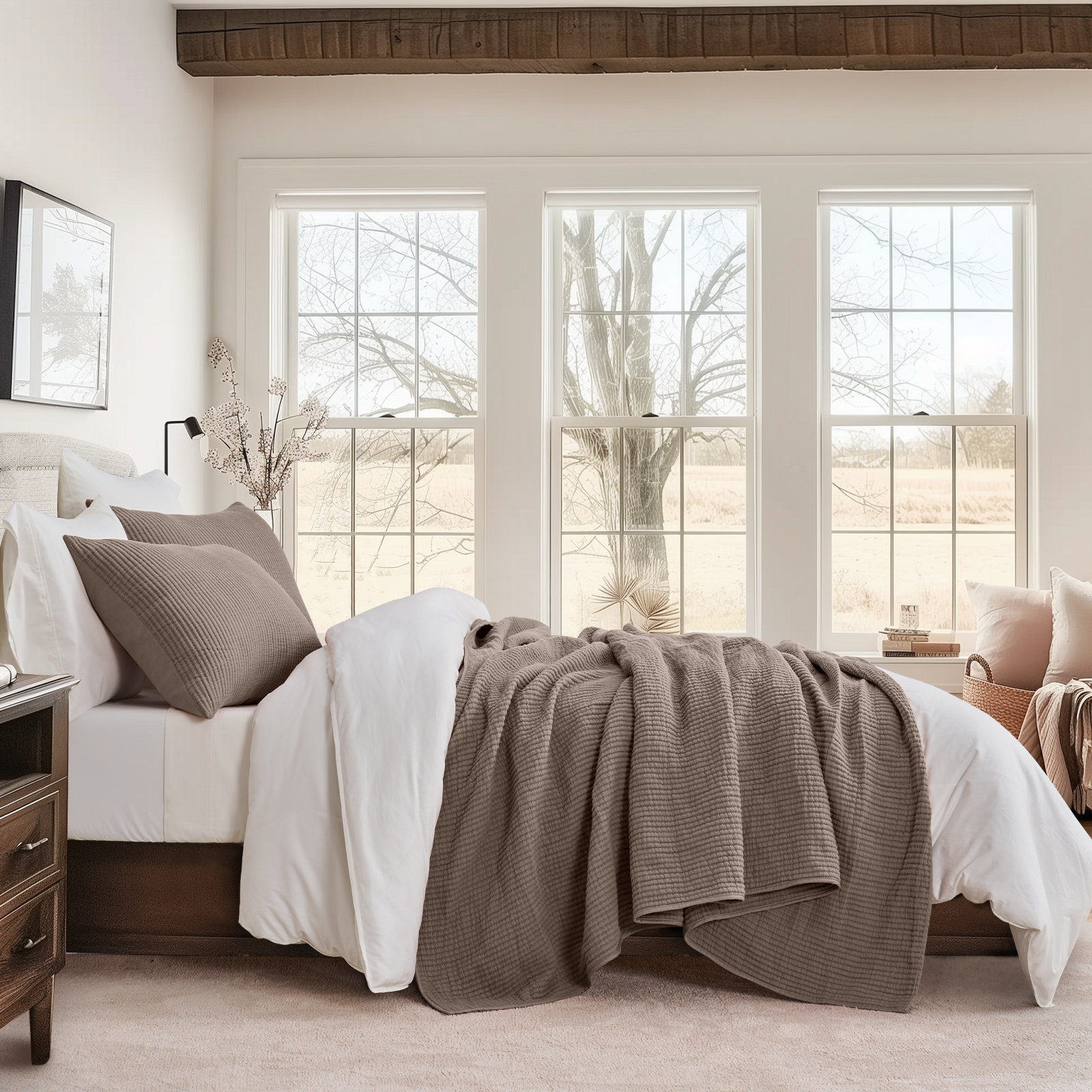 Ribbed Matelassé Cotton Coverlet Set, King Quilt + 2 King Shams, Mocha Brown
