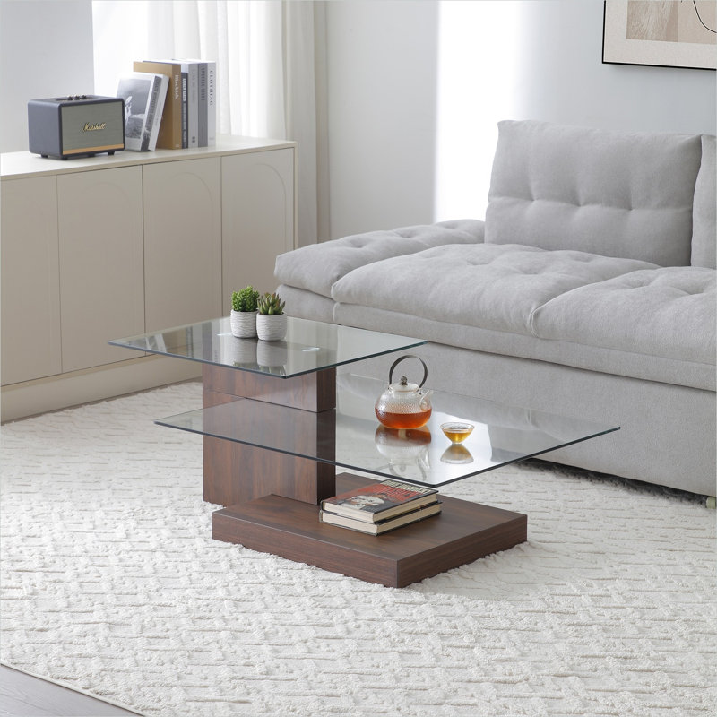 Table basse rectangulaire à 3 niveaux avec plateau en verre trempé et 2 tablettes ouvertes au fini brun