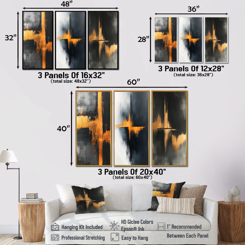 «Black and Gold Converge Dream I» - Collection de 3 panneaux sur toile de minimalisme, Toile tendue, H 28 po x l 36 po