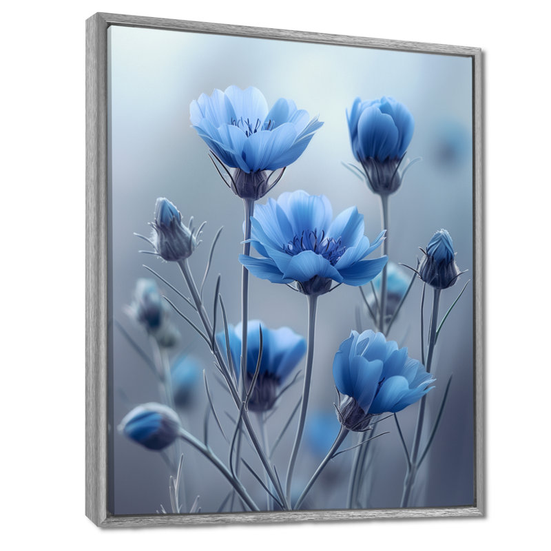 Monochromes bleus gris avec fleurs de maïs - Reproduction d'art mural bleuets, Toile argentée avec cadre flottant