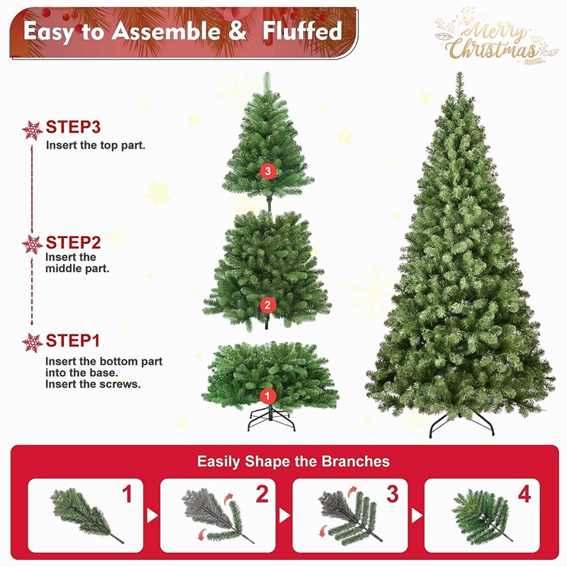 Arbre de Noël 9 pi en PVC pré-éclairé avec 650 lumières UL, embouts 1930, fil mémoire dépliable automatiquement, assemblage facile avec support en métal stable - arbre de Noël artificiel complet