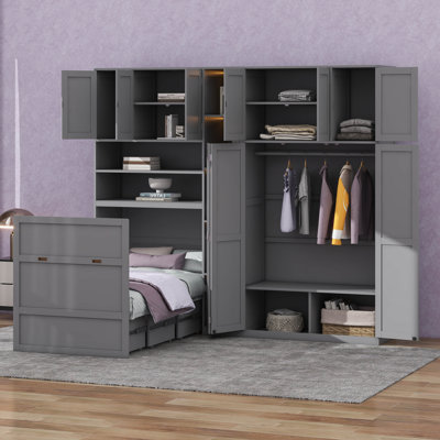Twin Murphy Bed, Cabinet Bed, Space Saving Bed Frame with Wardrobe, 5-Tier LED Shelves, Overhead Cabinets