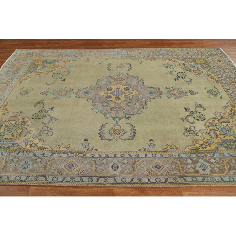 Tapis vert rétro rétro Tabriz noué à la main 7 x 10
