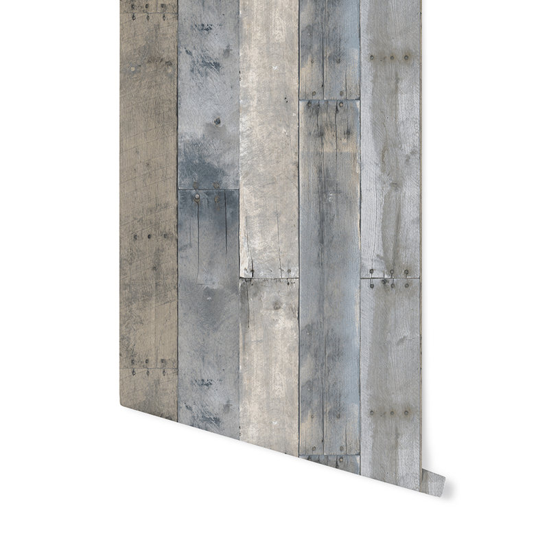 Papier peint autoadhésif en bois recyclé, Bleu / beige