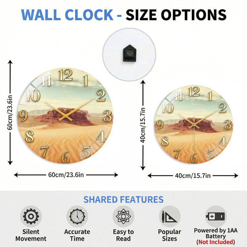 Paysage désertique horloge murale décorative en verre 23,6 po, 60 x 60 cm (23,6 x 23,6 pouces)