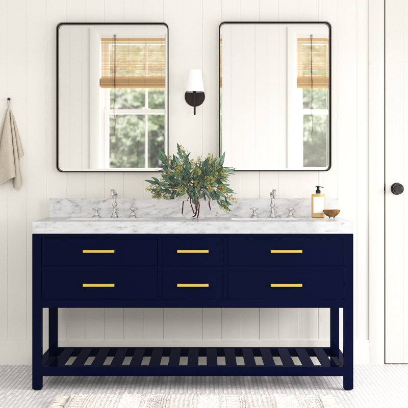 Ensemble de meuble-lavabo double 60 po Carrie, Bleu héritage / or brossé, Marbre blanc de Carrare