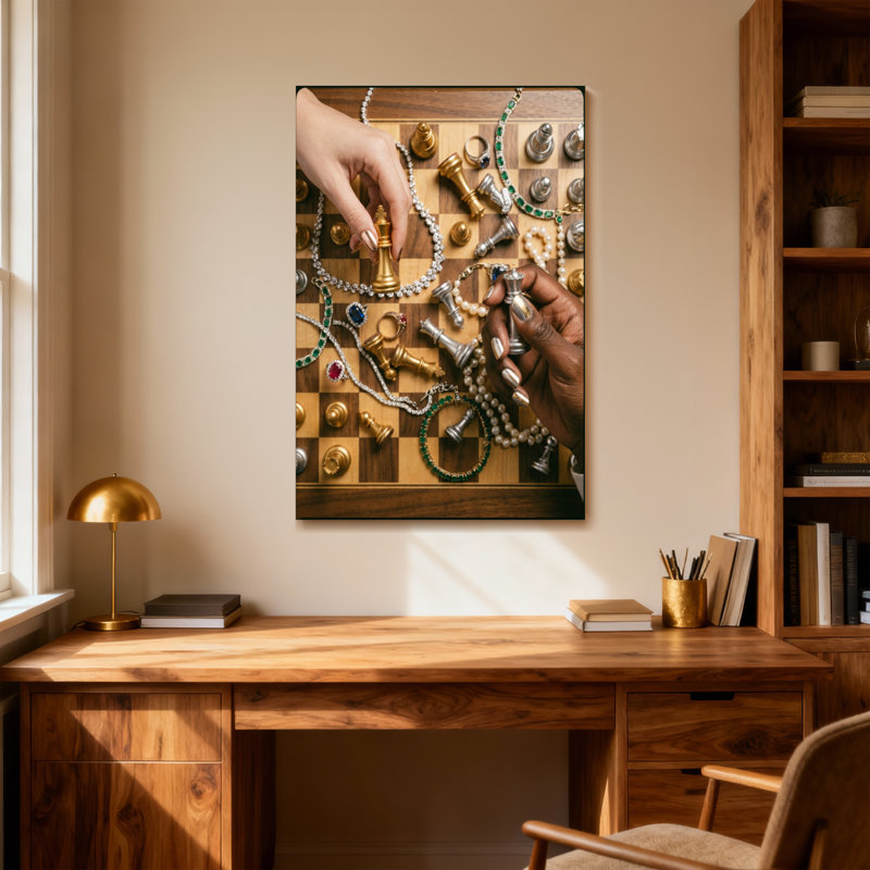 Illustration de mode, échiquier, mains de bijoux