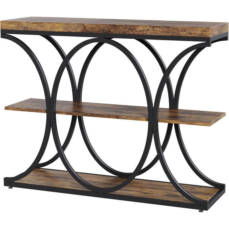 39" Farmhouse Console Table, 4-Tier Storage, Semi-Circle Metal Frame, Brown