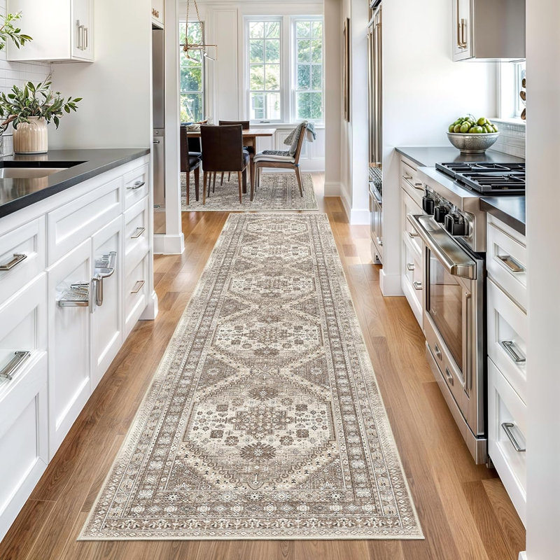 Medallion Non Slip Washable Rug(Brown), Runner 2' x 12'