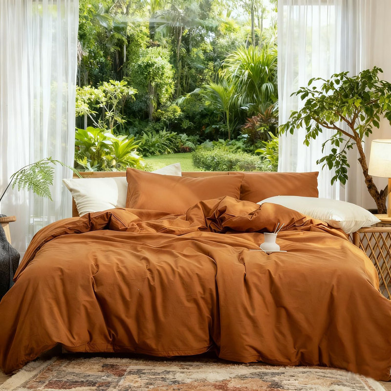 Ensemble de housse de couette 100% coton lavé Doneus, Housse de couette simple + 2 taies d'oreiller simp, Orange brûlé