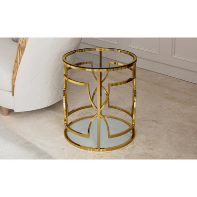 19.7" Luxury Gold Round Side Table – Clear Tempered Glass Top with Curved Storage Shelf, Modern Glam Metal Frame End Table for Sofa Side & Small Apart