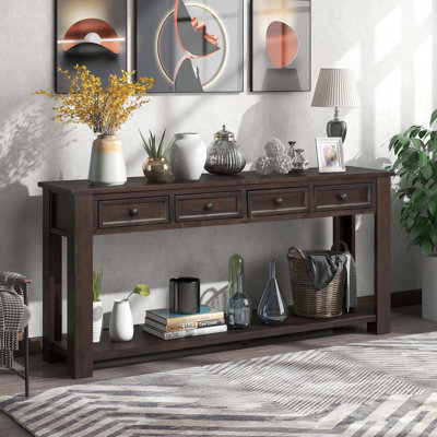 Console en bois avec tiroirs, tablette inférieure