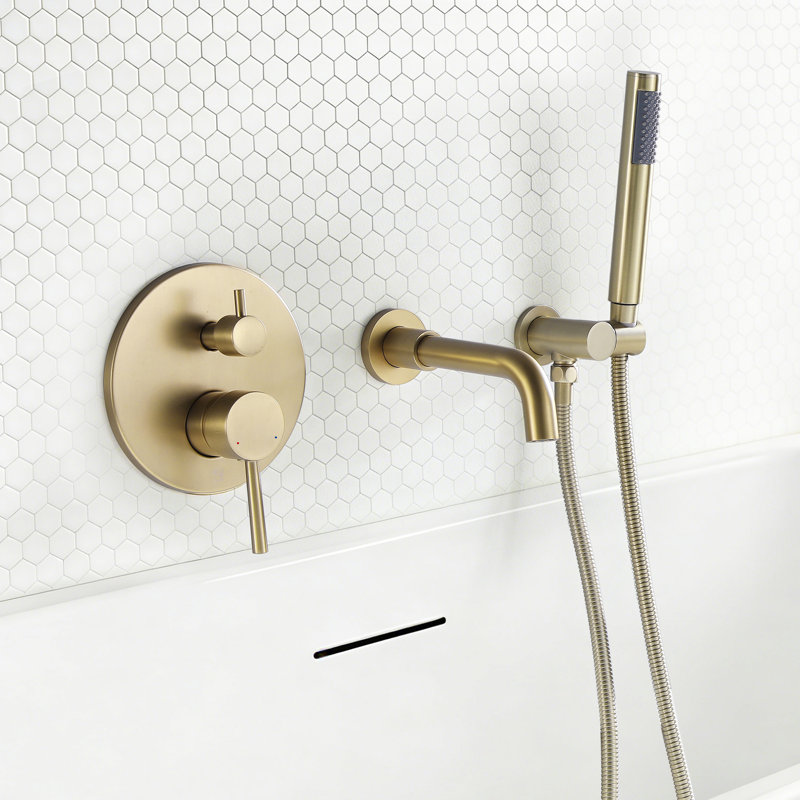 7.3" Solid Brass Single Handle Wall Mounted Roman Tub Faucet with Handheld Shower, Gold