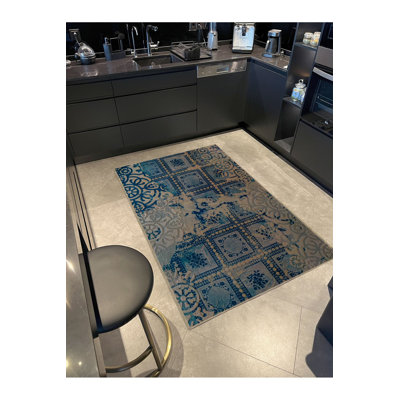 Blue Themed Ethnic Motif Patterned Vintage Decorative Rug