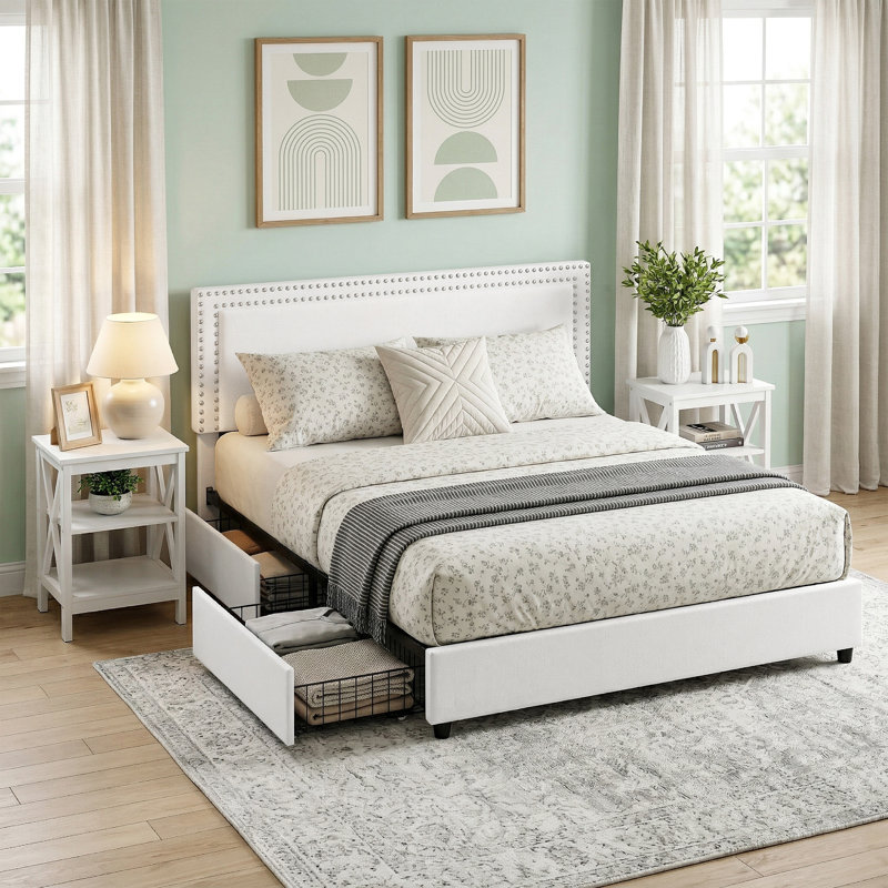 Storage Bed With 4 Drawers And 3-Tier Nightstand Bedroom Set Platform Velvet Bed With Under-Bed Storage, Modern Upholstered Bed Set