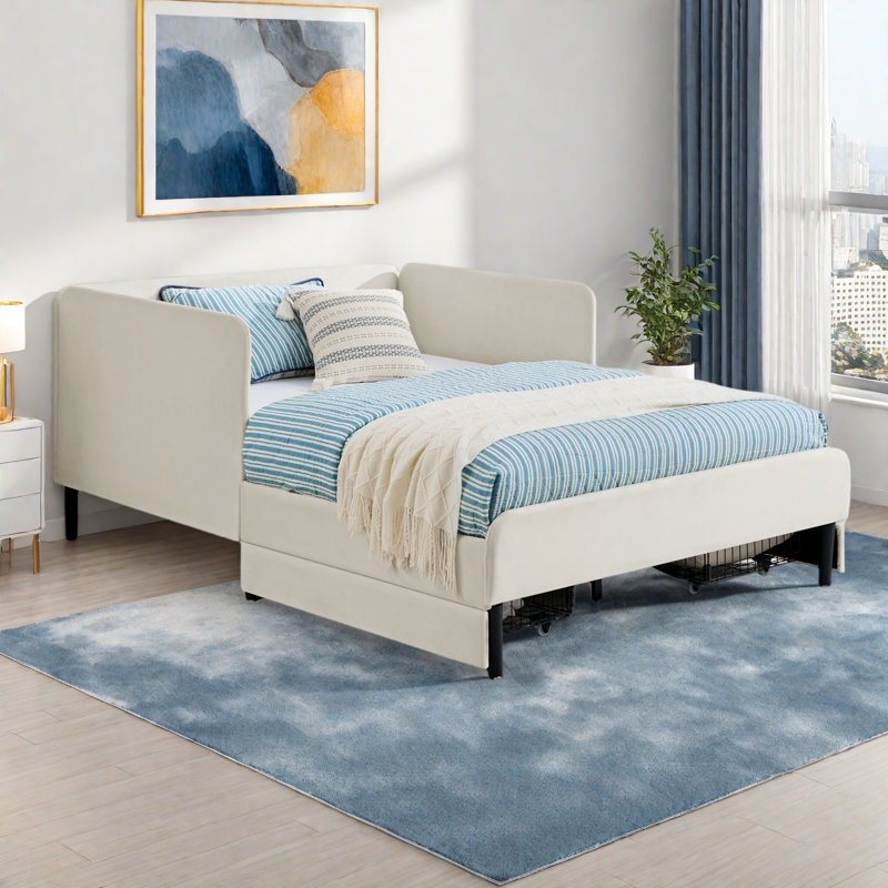 Upholstered Daybed With 2 Storage Drawers And Adjustable Side Rail