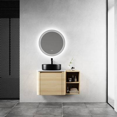 Meuble-lavabo de 91 cm avec lavabo en céramique décorative, étagères de rangement, dalle de pierre blanche plate et poignées à bord incliné de 114 cm - Poignées dissimulées de style moderne, charnières à fermeture amortie.