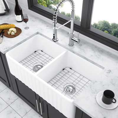 White Ceramic Kitchen Sink 33 Inch - Double Bowl 50/50 Robust Durability, Heat Resistance, Scratch Chip Color Stability, Gorgeous Style Farm And , Retention, Elegant Outlook
