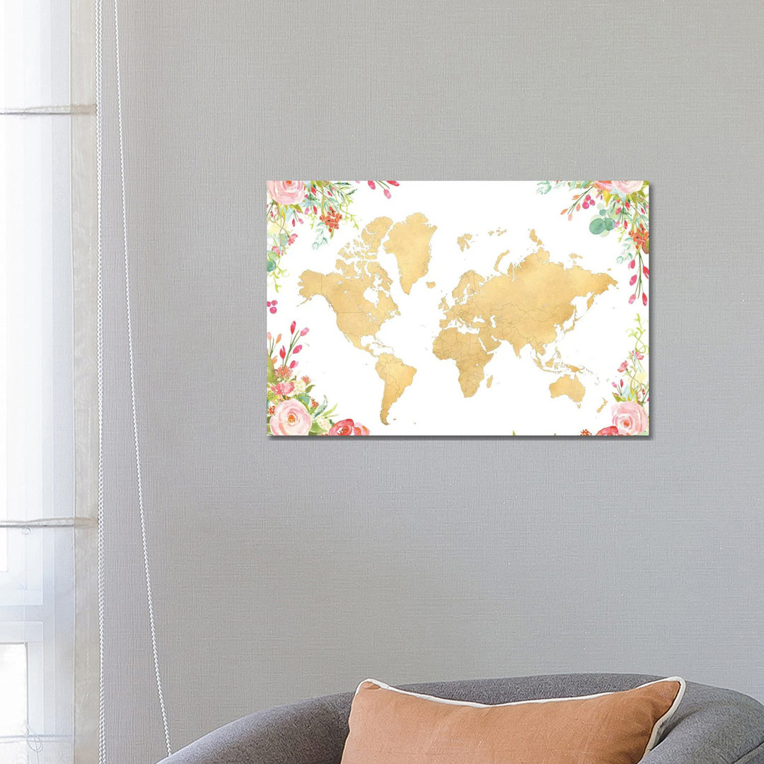 Goldene Weltkarte mit Boho-Aquarell-Blumen von Blursbyai - Galerie-umwickelte Leinwand Giclée auf Leinwand