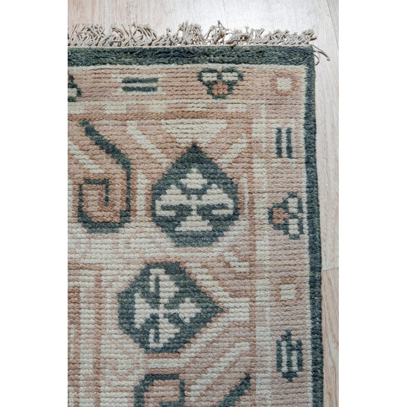 Green Hand-Knotted Wool Lattice Linked Lozenges Geometric Modern Contemporary Carpet Rug, 6' x 9'