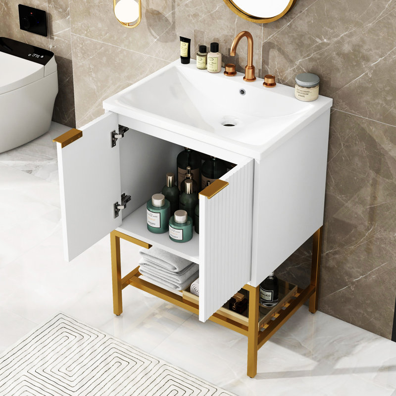 Meuble-lavabo avec lavabo, meuble-lavabo avec deux portes et structure en métal doré Natira