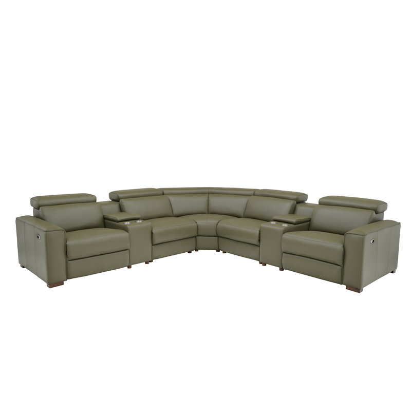 Brentkil Top-Grain Leather Reclining Modular Sectional, Olive Top Grain Leather