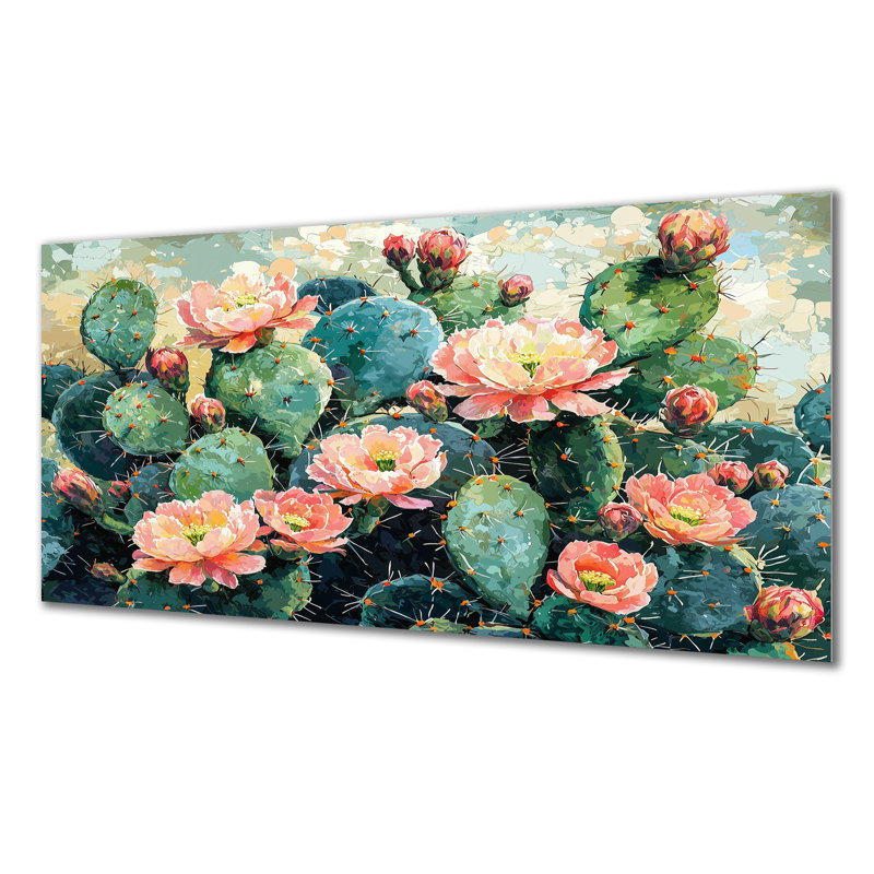 Cactus Garden In Bloom III - Art mural en métal pour salon Cactus, H 28 po x l 60 po