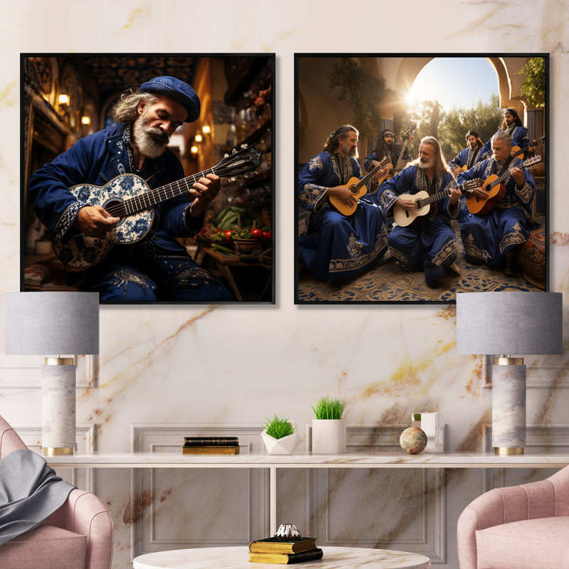 Judaïsme, guitare sépharade, ensemble de 2 collages carrés, Cadre flottant noir, H 36 po x l 73 po