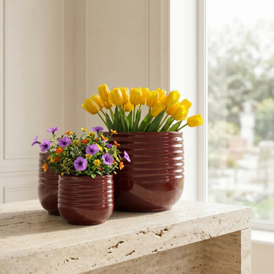 Mid-Century Modern Handcrafted Ceramic Planter Set with Horizontal Groove Pattern and Drainage Holes for Indoor and Outdoor Use (Set of 3)