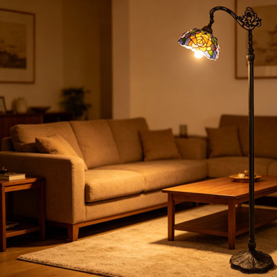 Tiffany Floor Lamp With Stained Glass Shade - Adjustable Gooseneck Arch Design For Reading And Ambient Lighting In Living Room, Bedroom, Or Home Office