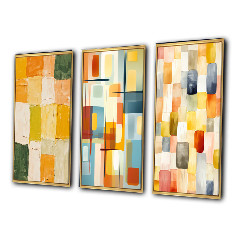 «Retro Cubist Abstract Composition I», ensemble de 3 reproductions, H 32 po x l 48 po, Cadre flottant doré