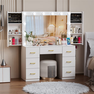 Collibee Makeup Vanity Desk with Lighted Mirror & Power Outlet & 3 Color Modes ( incomplete box 2/2)