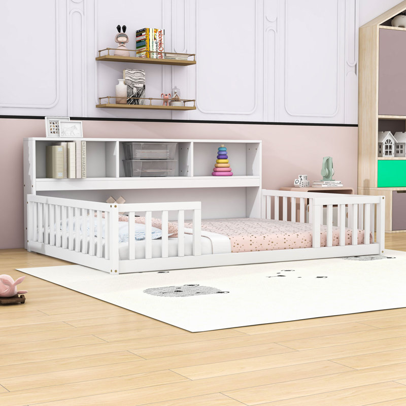 Floor bed with side bookcase and shelves, Double, Blanc