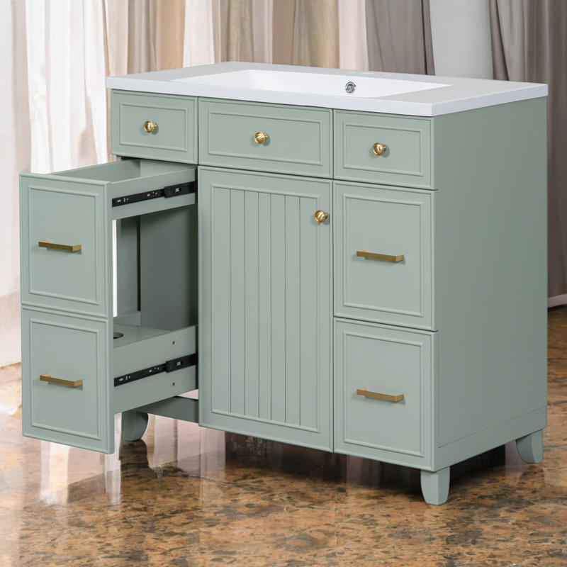 Meuble-lavabo simple 36 po avec comptoir en céramique, assemblage requis, Vert clair