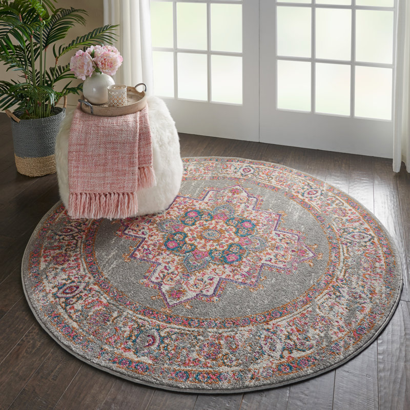 Tapis oriental gris et rose Abbate, Rond 5 pi 3 po
