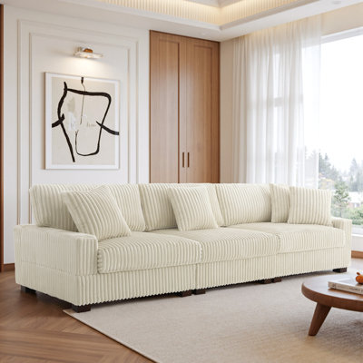 3 - Piece Upholstered White Faux Rabbit Fur Flannel Modular Sectional Sofa with Armrests & Throw Pillows
