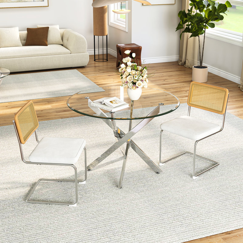 3-Piece Round Glass Dining Set, 36" Tempered Glass Top With Mirror Stainless Steel Base, 2 C-Frame Rattan Chairs, White