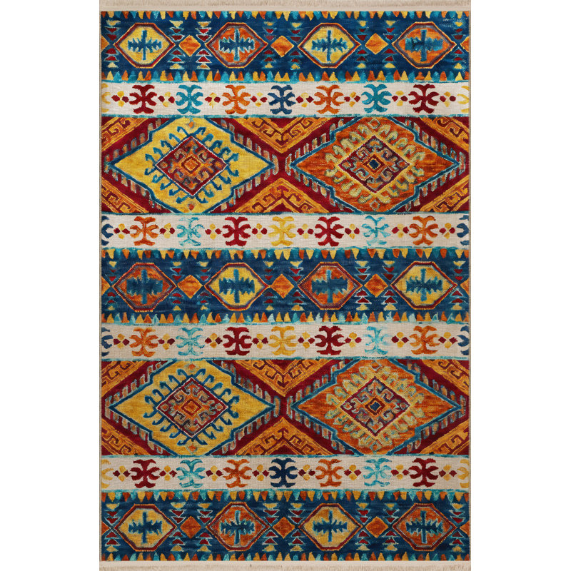 Tapis décoratif rétro à motif bleu et orange, Rectangle 4 pi 7,12 po x 6 pi 6,74 po
