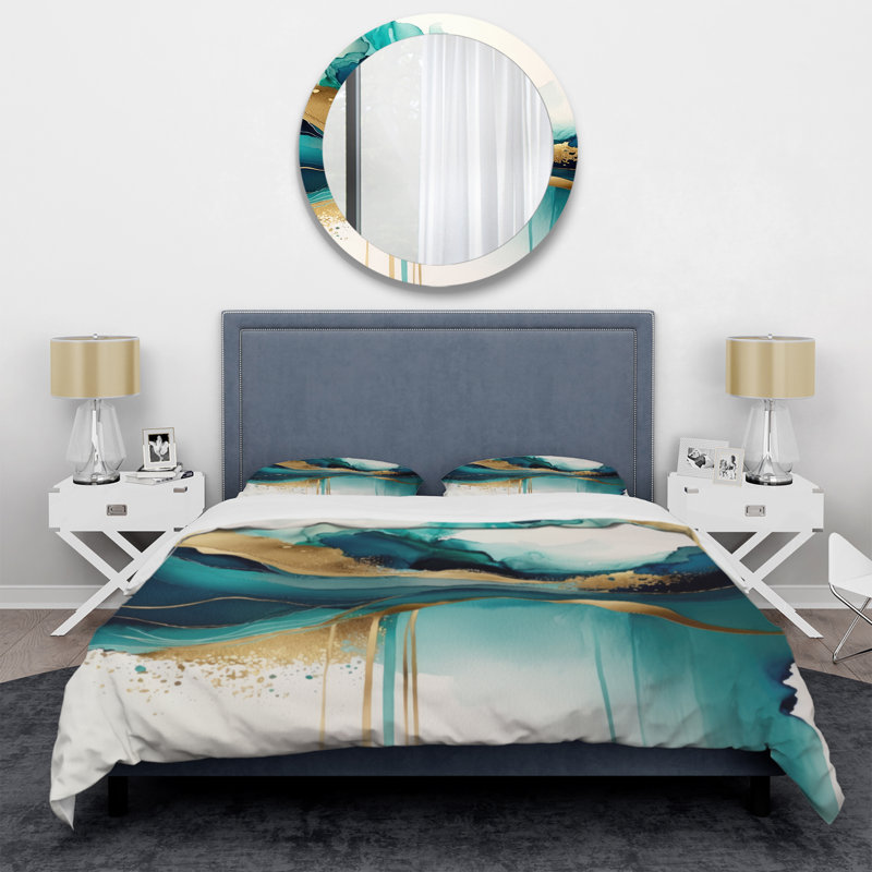 Teal and Gold Abstract Expression II - Ensemble de housse de couette à encre liquide abstraite - Polyester microfibre