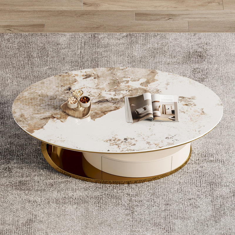 Table basse 51,2 pouces ovale en faux marbre avec tiroirs