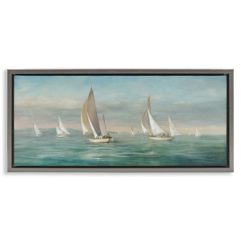 Voilier, flotte, vagues de l'océan, Cadre flottant gris lustré, H 11 po x l 25 po