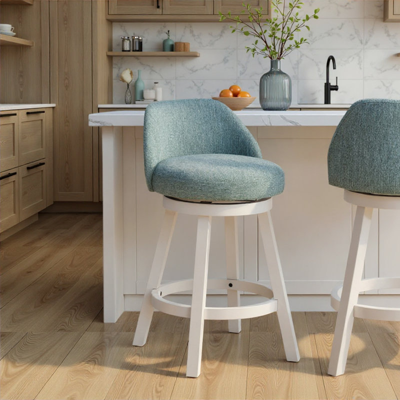 Tabouret de bar de cuisine pivotant en bois Erika, Siège bleu clair / structure blanche, 1