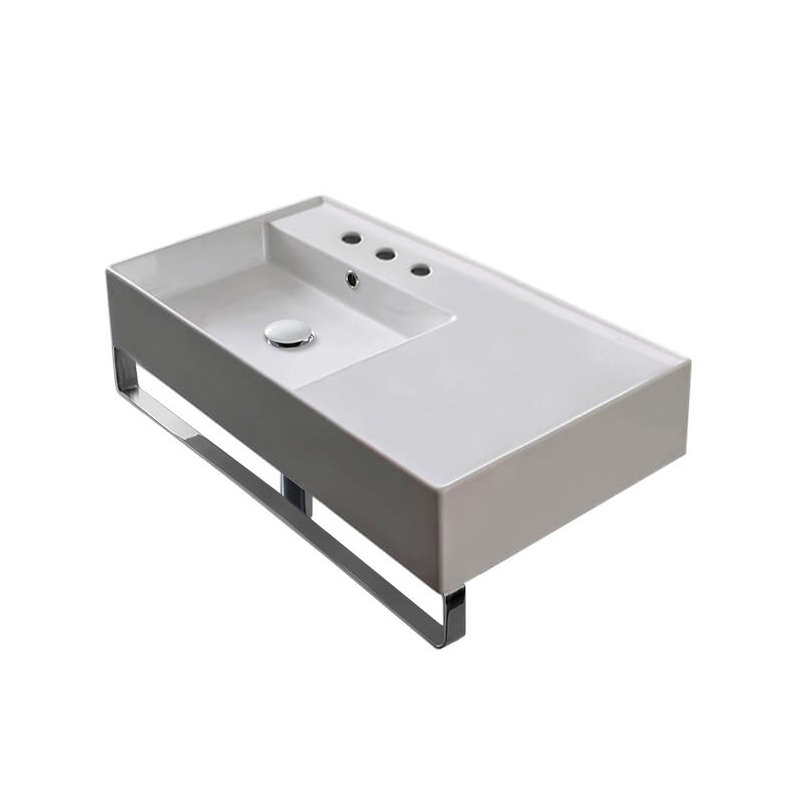 Lavabo de salle de bain vasque rectangulaire en céramique blanche avec trop-plein Teorema, Trois trous