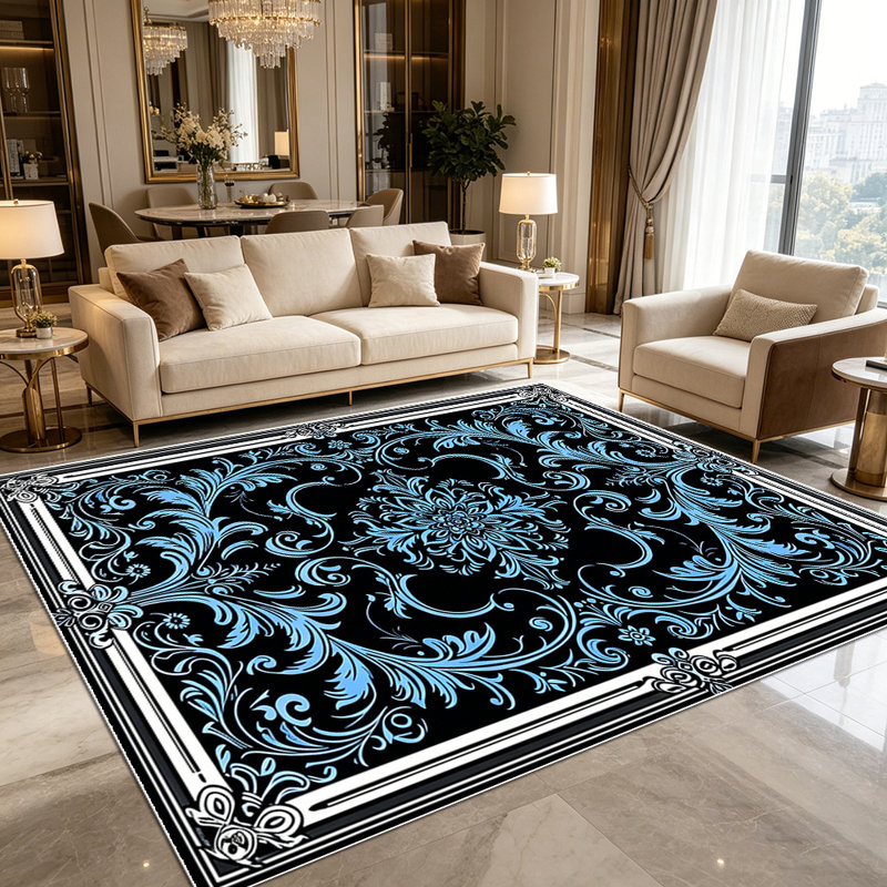 1PC vintage ornate damask blue black floral border area rugs for Living Room, Soft, All seasons, Easy-maintain, Washable Indoor mat, Farmhouse suitable for dining table, bedroom, entryway, kitchen, home office, patio, Home Decor, Outdoor Decor.