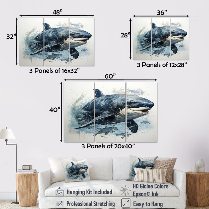 «Breaching Whale I - Shark», ensemble d'art mural, H 32 po x l 48 po, Toile tendue