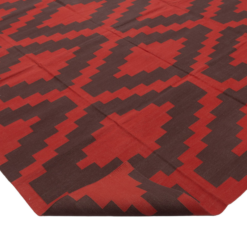 Brown & Red Geometric Flatweave Cotton Rug, Rectangle 7'10" x 9'10"