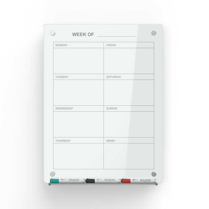 Tableau magnétique en verre effaçable à sec 7 jours Audio-Visual Direct 18 po x 24 po pour agenda hebdomadaire 7 jours, à fixer au mur